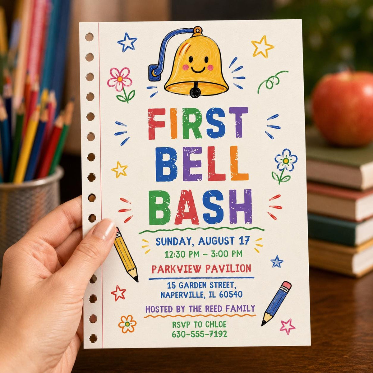 Colorful Back to School Bash Invitation: First Bell School Party — print-ready back-to-school event design from VoltBy