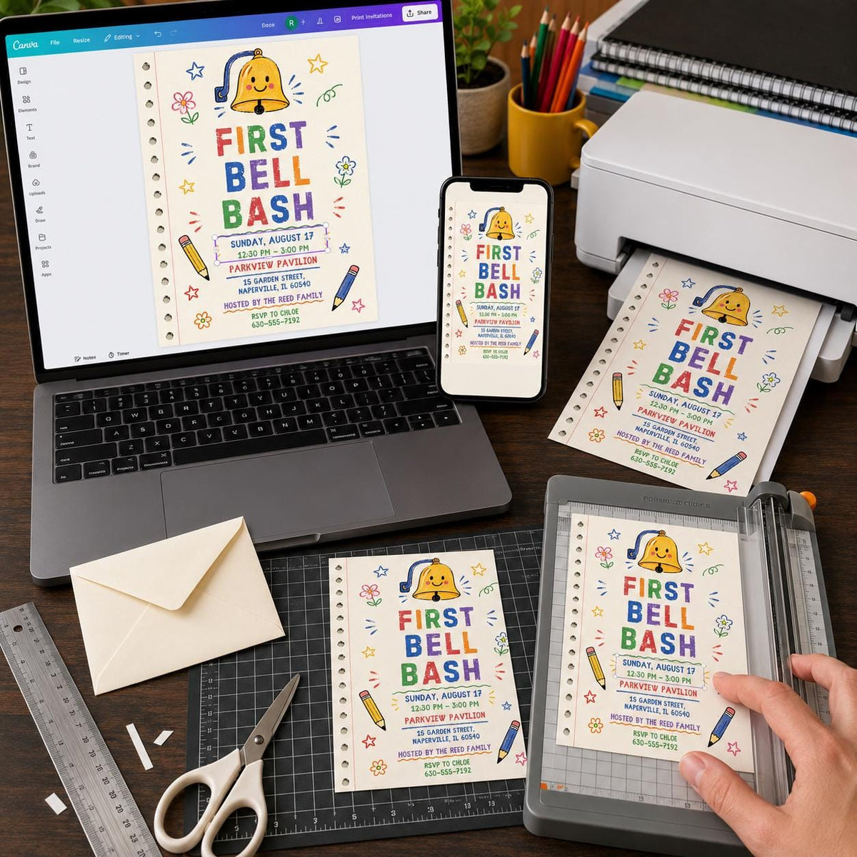 Colorful Back to School Bash Invitation: First Bell School Party — digital invitation, instant download