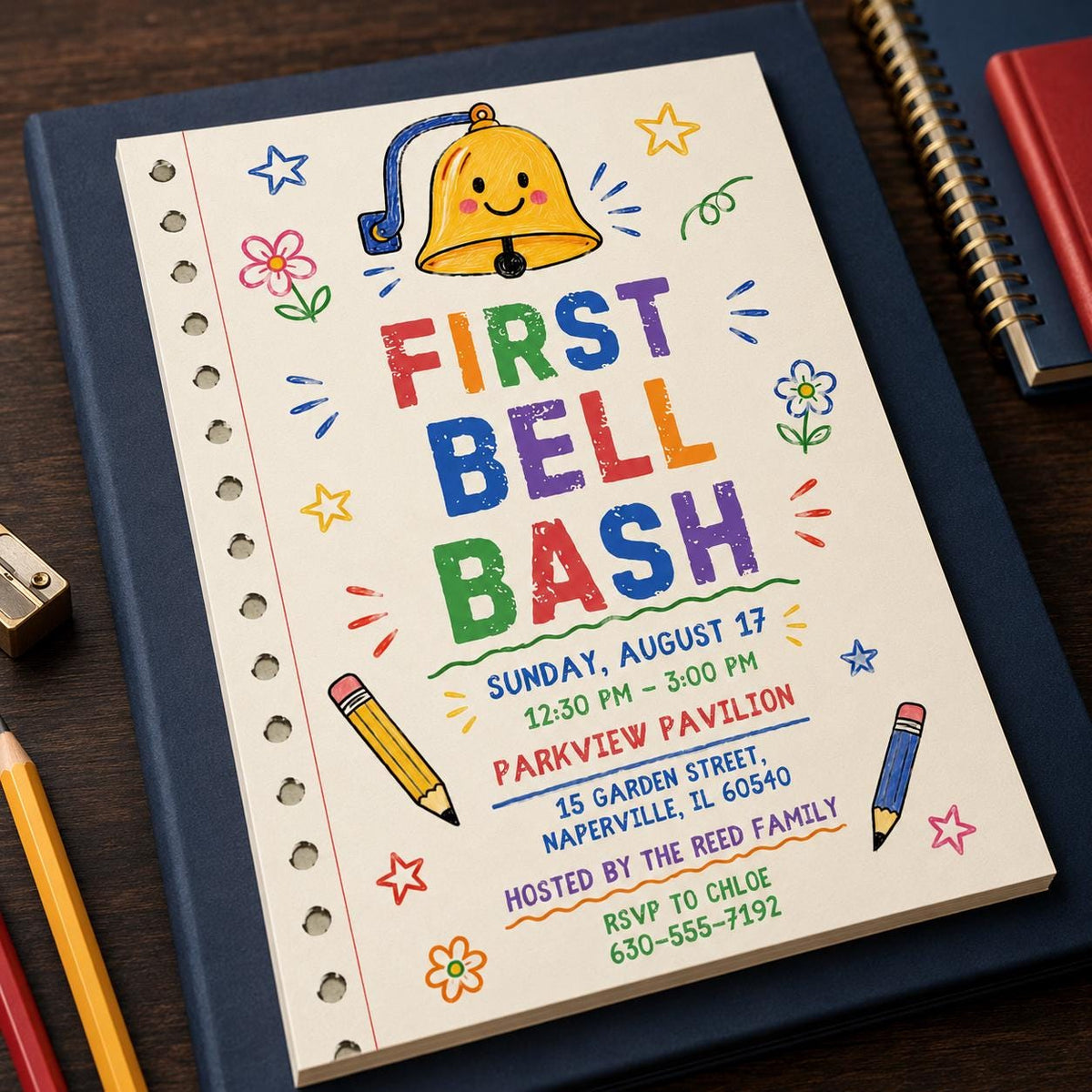 Colorful Back to School Bash Invitation: First Bell School Party — back-to-school event stationery by VoltBy
