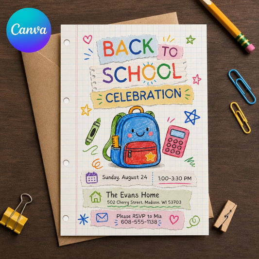 Colorful Back to School Party Invitation: Colorful Backpack Celebration — editable Canva template