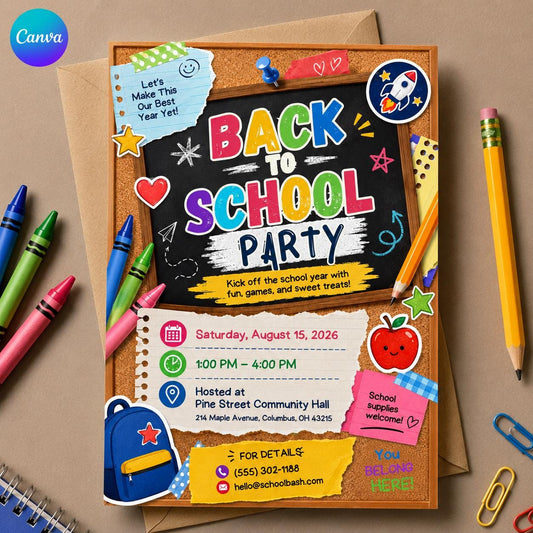 Colorful Back to School Party Invitation: Colorful Chalkboard School Year Kickoff Flyer — editable Canva template