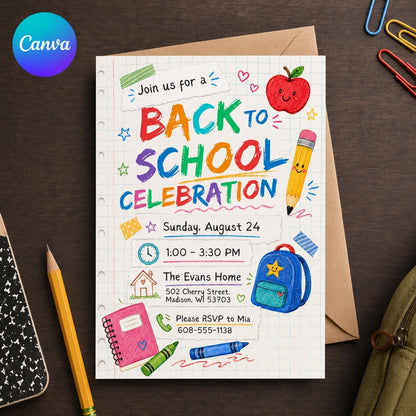 Colorful Back to School Party Invitation: Colorful School Supplies Celebration — editable Canva template