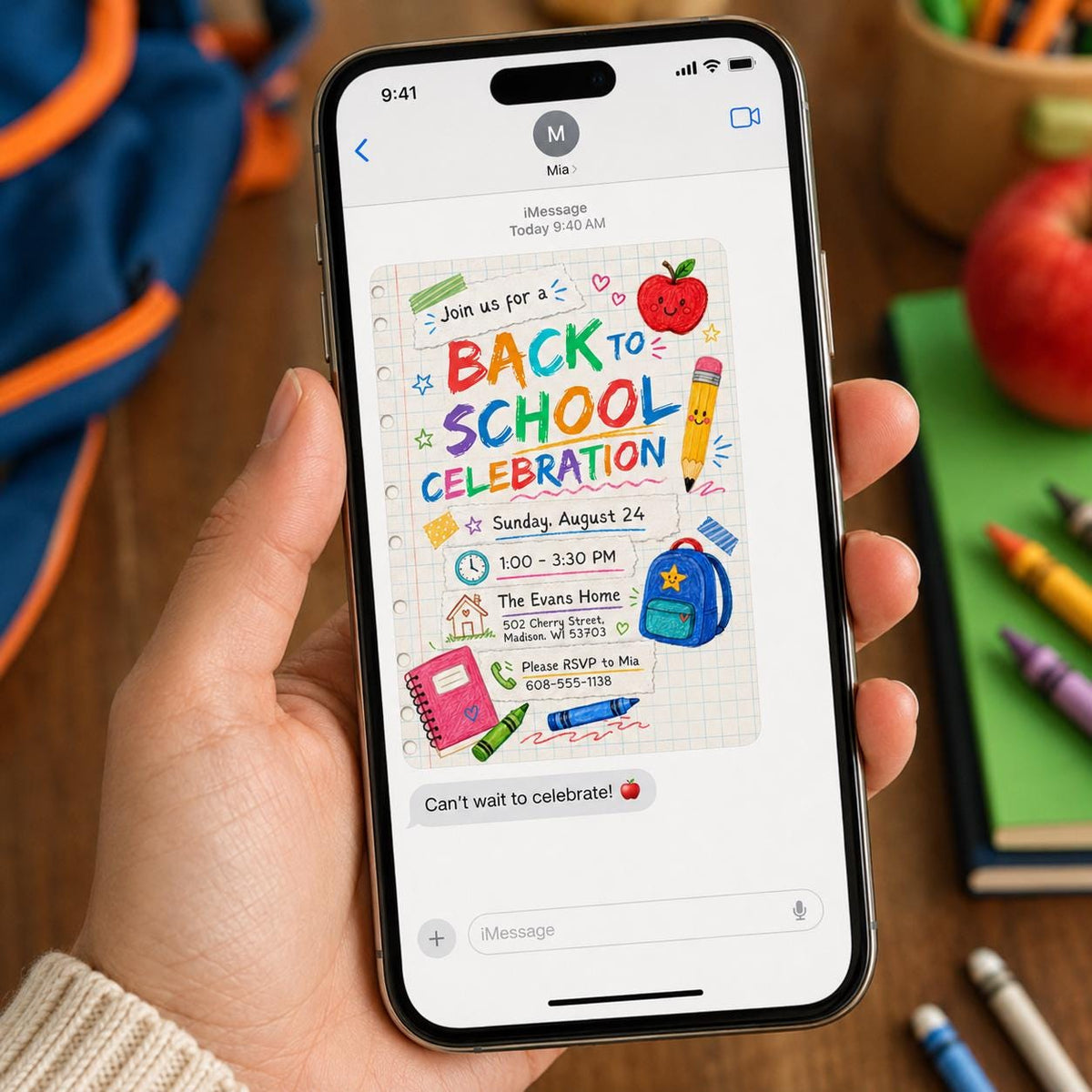 Colorful Back to School Party Invitation: Colorful School Supplies Celebration — invitation you personalize in Canva