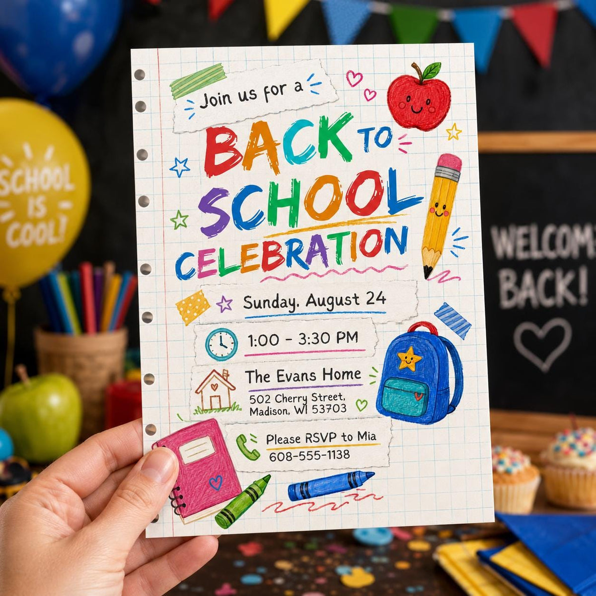 Colorful Back to School Party Invitation: Colorful School Supplies Celebration — print-ready back-to-school event design