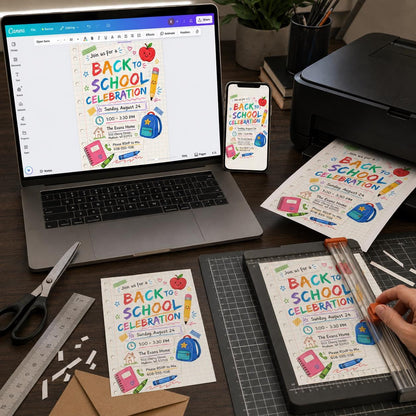 Colorful Back to School Party Invitation: Colorful School Supplies Celebration — digital invitation, instant download