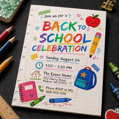 Colorful Back to School Party Invitation: Colorful School Supplies Celebration — back-to-school event stationery by VoltBy
