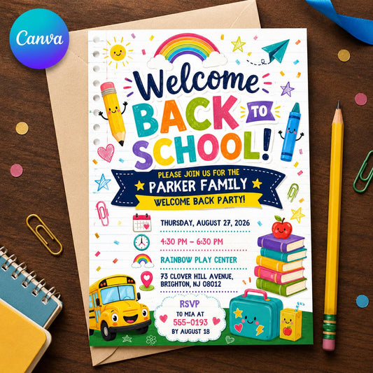 Colorful Back to School Party Invitation: Colorful Welcome Back Family Event — editable Canva template