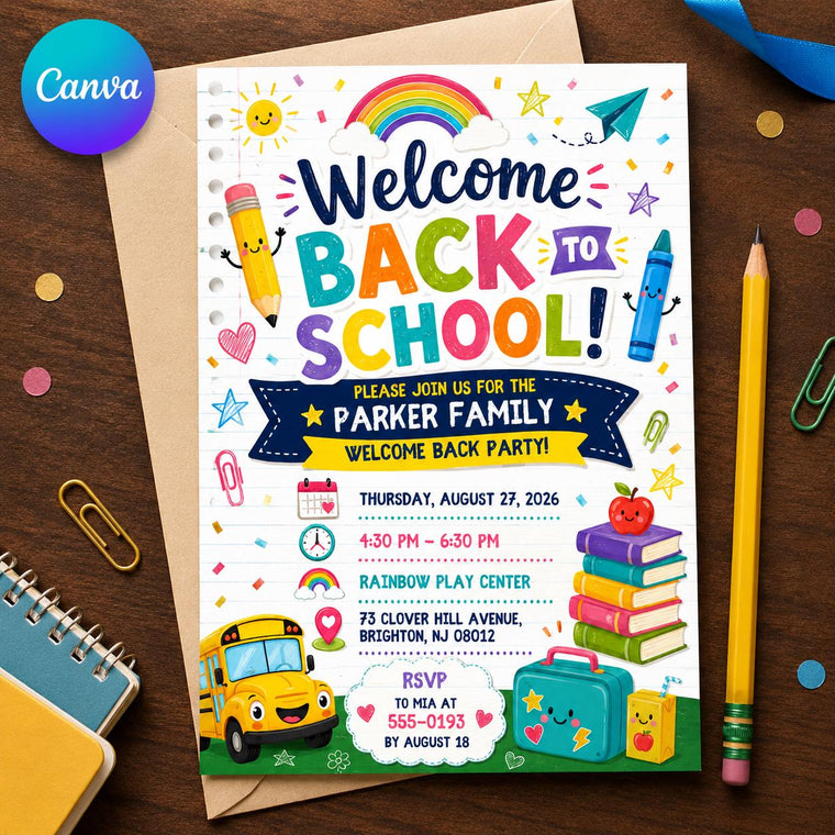 Colorful Back to School Party Invitation: Colorful Welcome Back Family Event