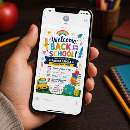Colorful Back to School Party Invitation: Colorful Welcome Back Family Event — bus design