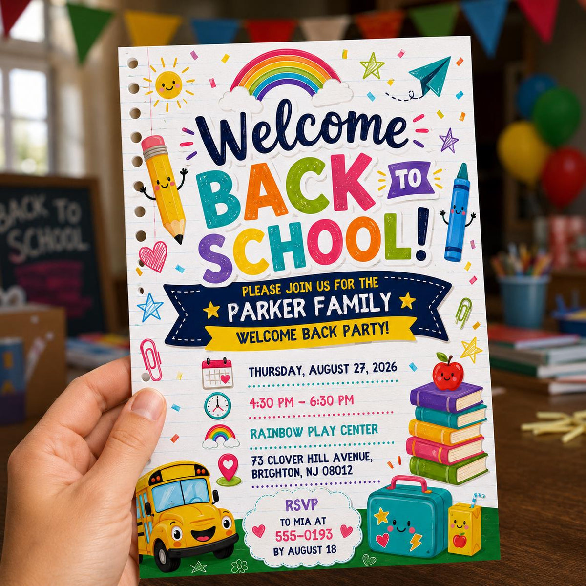 Colorful Back to School Party Invitation: Colorful Welcome Back Family Event — invitation you personalize in Canva