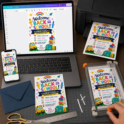 Colorful Back to School Party Invitation: Colorful Welcome Back Family Event — print-ready back-to-school event design