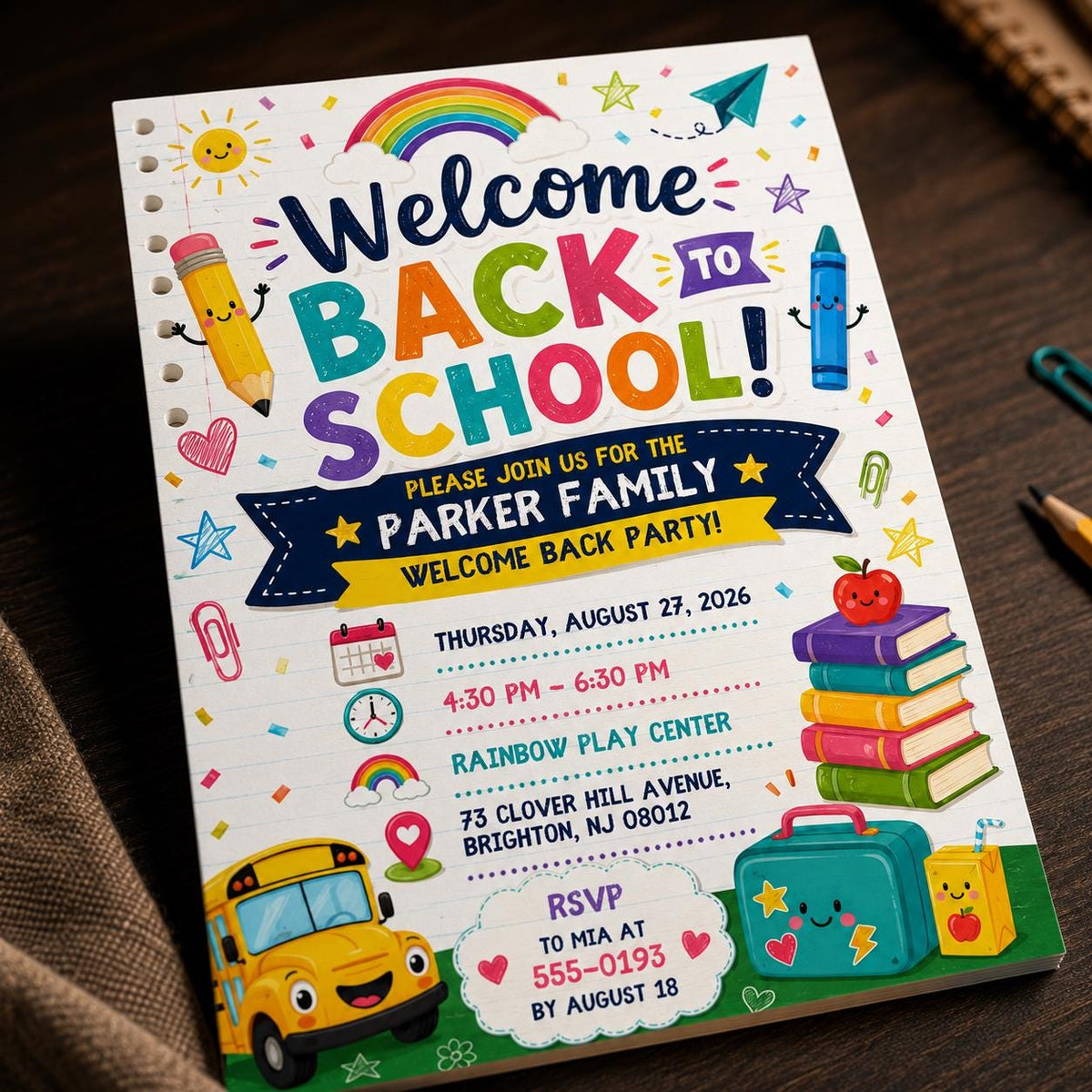 Colorful Back to School Party Invitation: Colorful Welcome Back Family Event — digital invitation, instant download