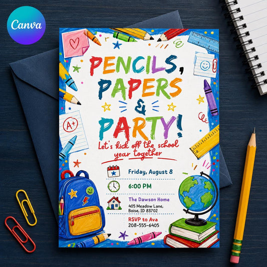 Colorful Back to School Party Invitation: Pencils Papers and Party — editable Canva template