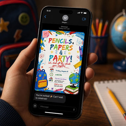 Colorful Back to School Party Invitation: Pencils Papers and Party — invitation you personalize in Canva