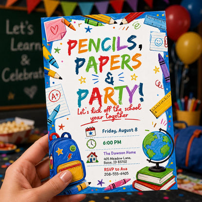 Colorful Back to School Party Invitation: Pencils Papers and Party — print-ready back-to-school event design from VoltBy