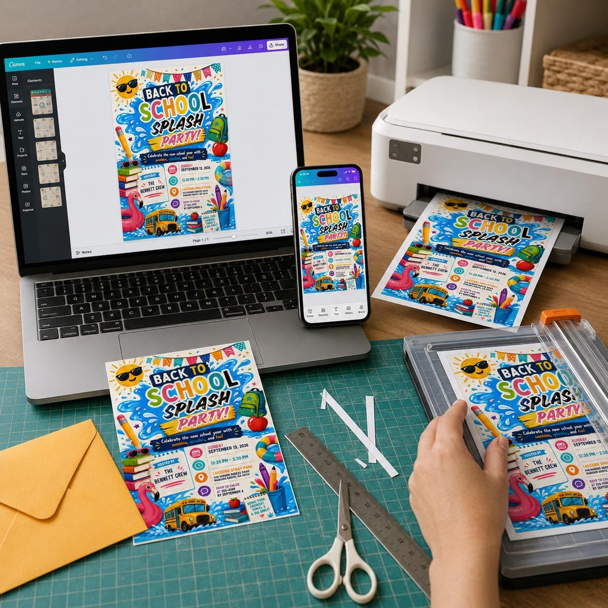 Colorful Back to School Pool Party Invitation — print-ready back-to-school event design from VoltBy