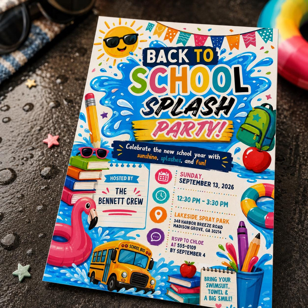 Colorful Back to School Pool Party Invitation — digital invitation, instant download