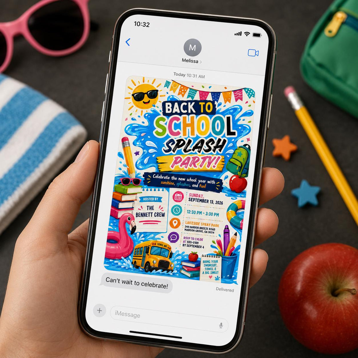 Colorful Back to School Pool Party Invitation — back-to-school event stationery by VoltBy