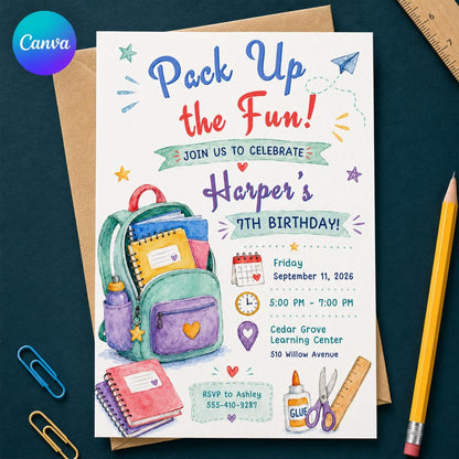 Colorful Backpack 7th Birthday Invitation — editable Canva template