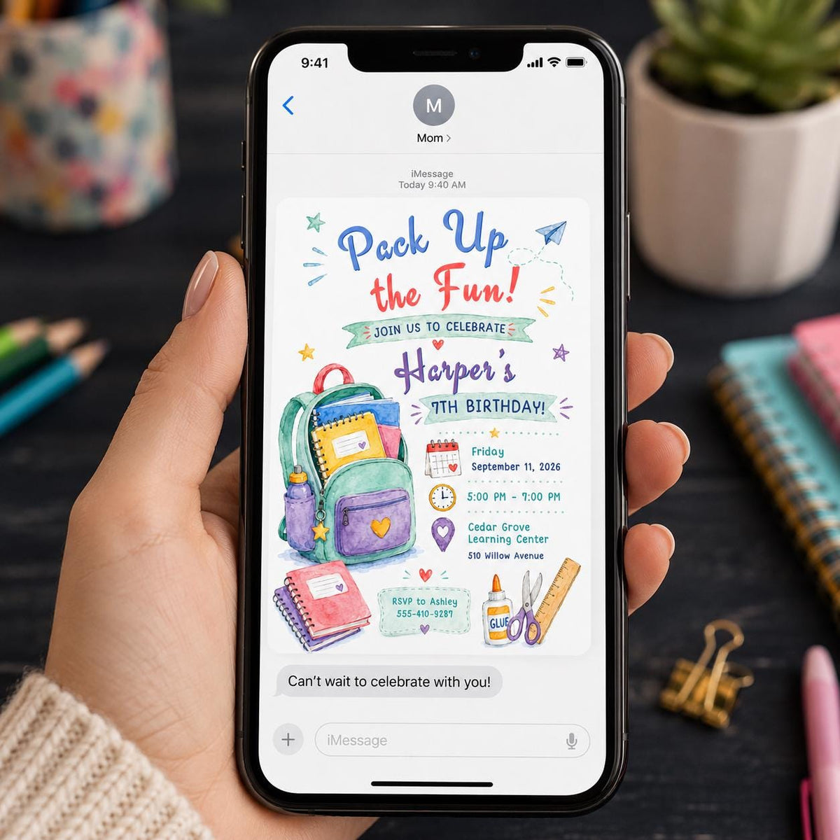 Colorful Backpack 7th Birthday Invitation — print-ready 7th birthday party design from VoltBy