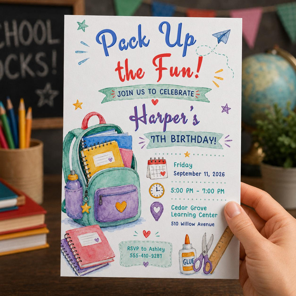 Colorful Backpack 7th Birthday Invitation — digital invitation, instant download