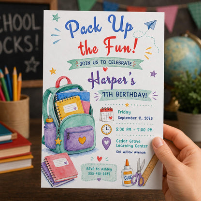 Colorful Backpack 7th Birthday Invitation — digital invitation, instant download