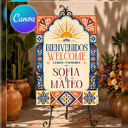 Colorful Bilingual Spanish Wedding Welcome Sign — editable Canva template
