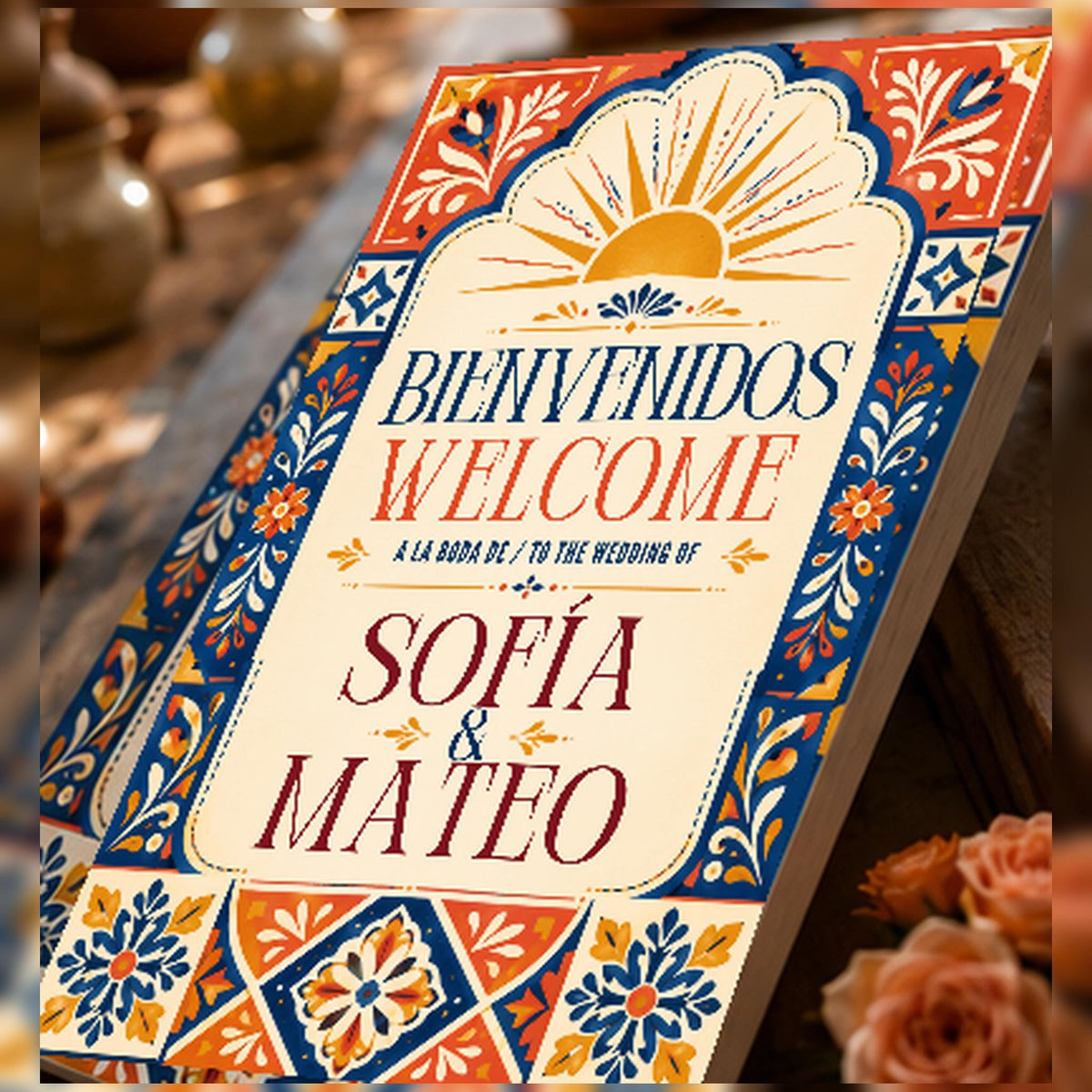 Colorful Bilingual Spanish Wedding Welcome Sign — welcome sign you personalize in Canva