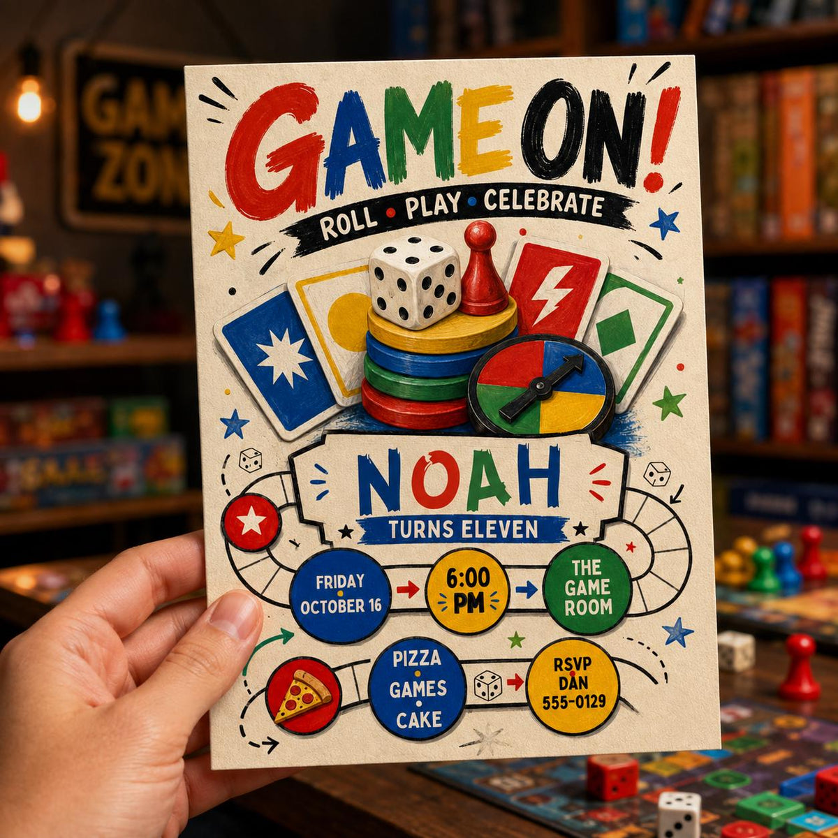 Colorful Board Game 11th Birthday Invitation — invitation you personalize in Canva