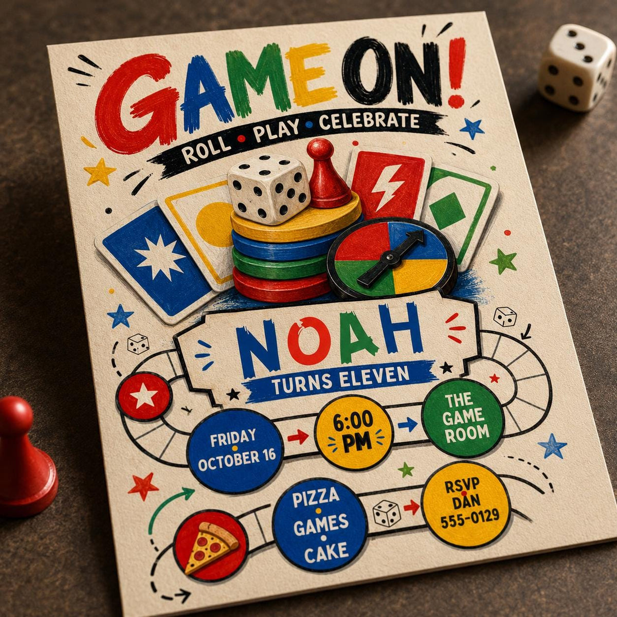 Colorful Board Game 11th Birthday Invitation — digital invitation, instant download