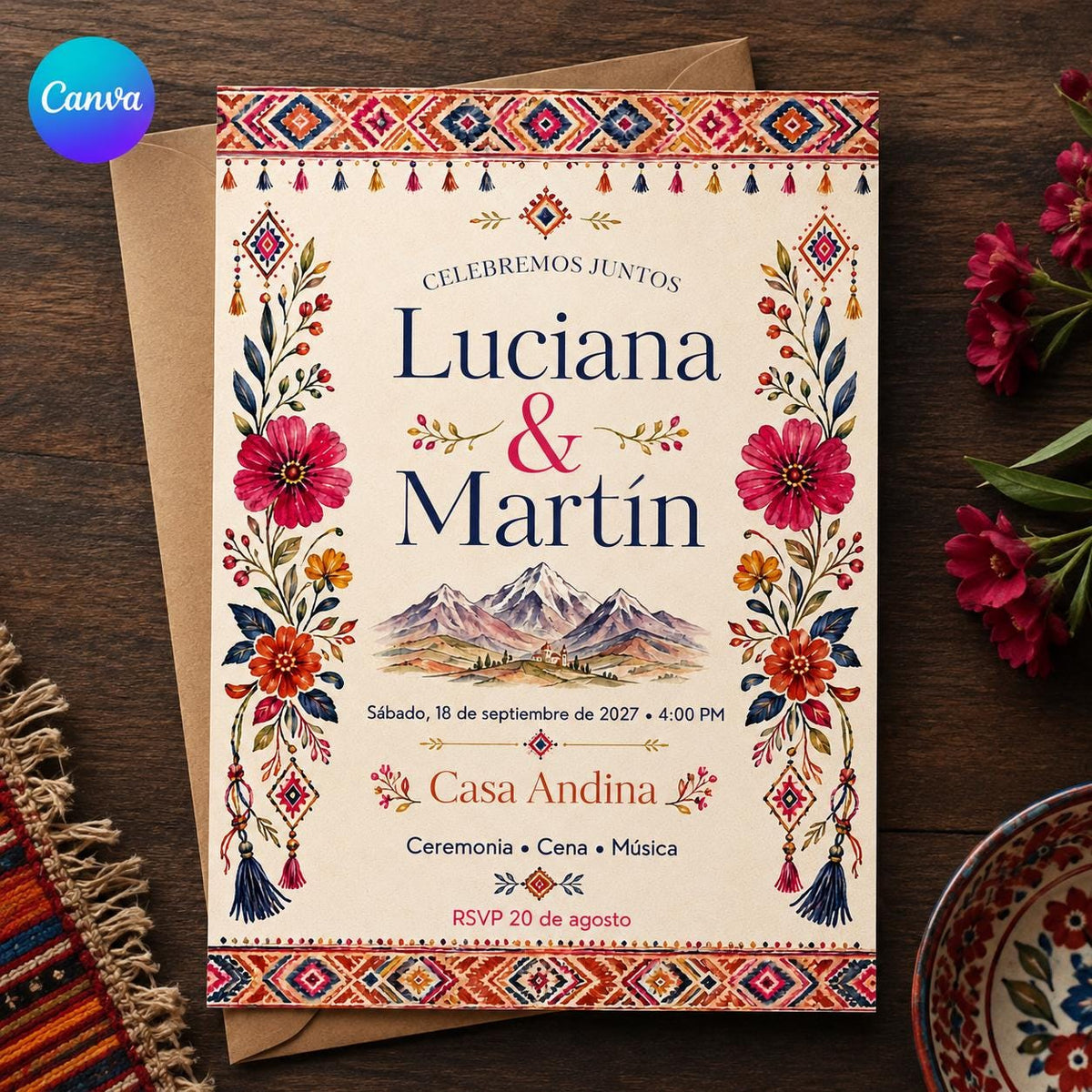 Colorful Boho Spanish Wedding Invitation — editable Canva template