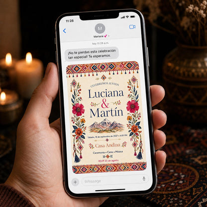 Colorful Boho Spanish Wedding Invitation — floral and mountains design