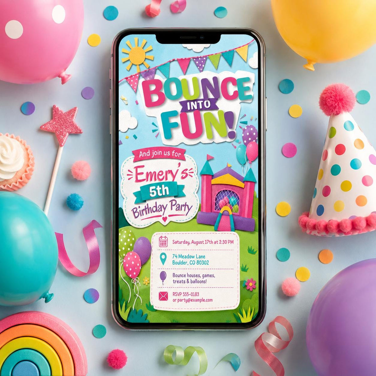 Colorful Bounce House 5th Birthday Invitation — invitation you personalize in Canva