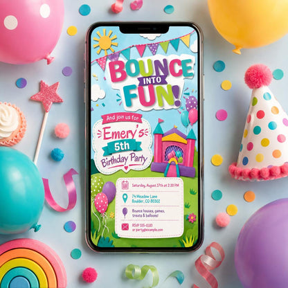 Colorful Bounce House 5th Birthday Invitation — invitation you personalize in Canva