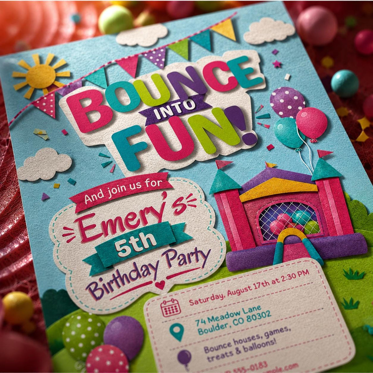Colorful Bounce House 5th Birthday Invitation — print-ready 5th birthday party design from VoltBy