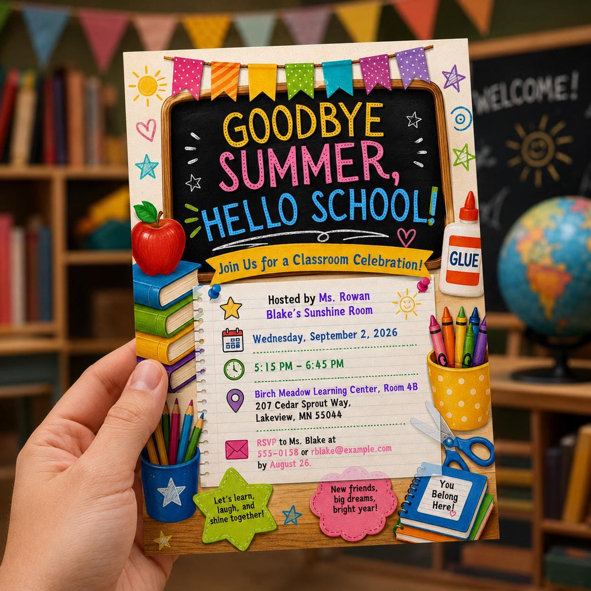 Colorful Chalkboard Back to School Classroom Invitation in blue and red