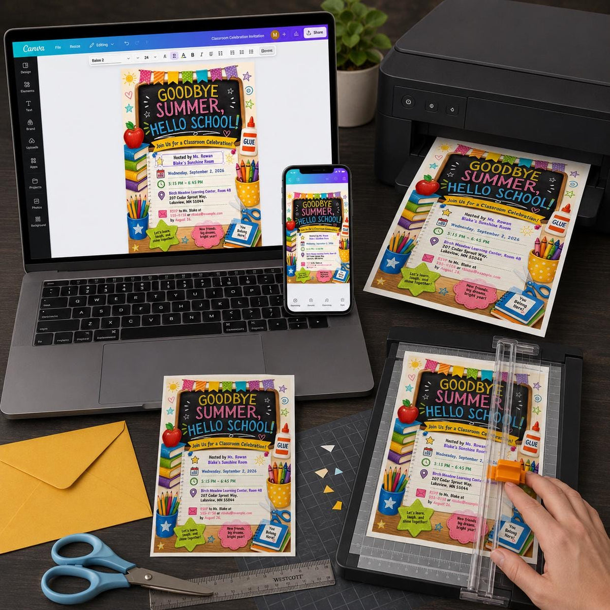 Colorful Chalkboard Back to School Classroom Invitation — supplies design