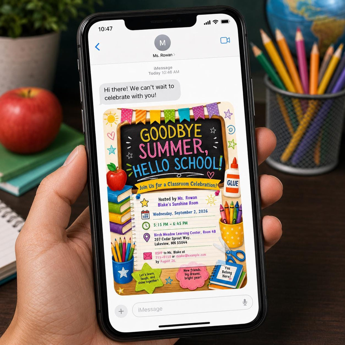 Colorful Chalkboard Back to School Classroom Invitation — invitation you personalize in Canva