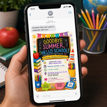 Colorful Chalkboard Back to School Classroom Invitation — invitation you personalize in Canva
