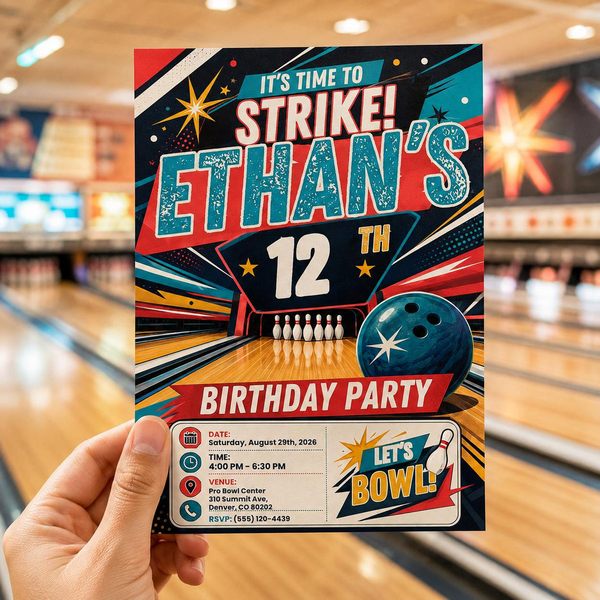 Colorful Comic Book Comic Bowling 12th Birthday Invitation for Boys — print-ready 12th birthday party design from VoltBy