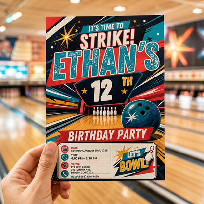 Colorful Comic Book Comic Bowling 12th Birthday Invitation for Boys — print-ready 12th birthday party design from VoltBy