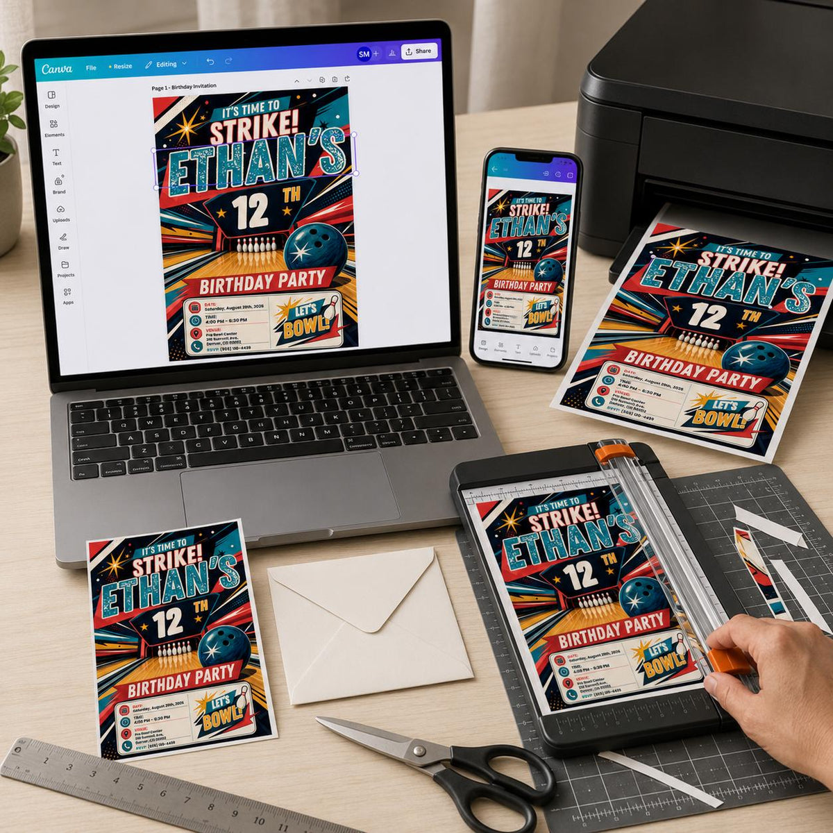 Colorful Comic Book Comic Bowling 12th Birthday Invitation for Boys — digital invitation, instant download