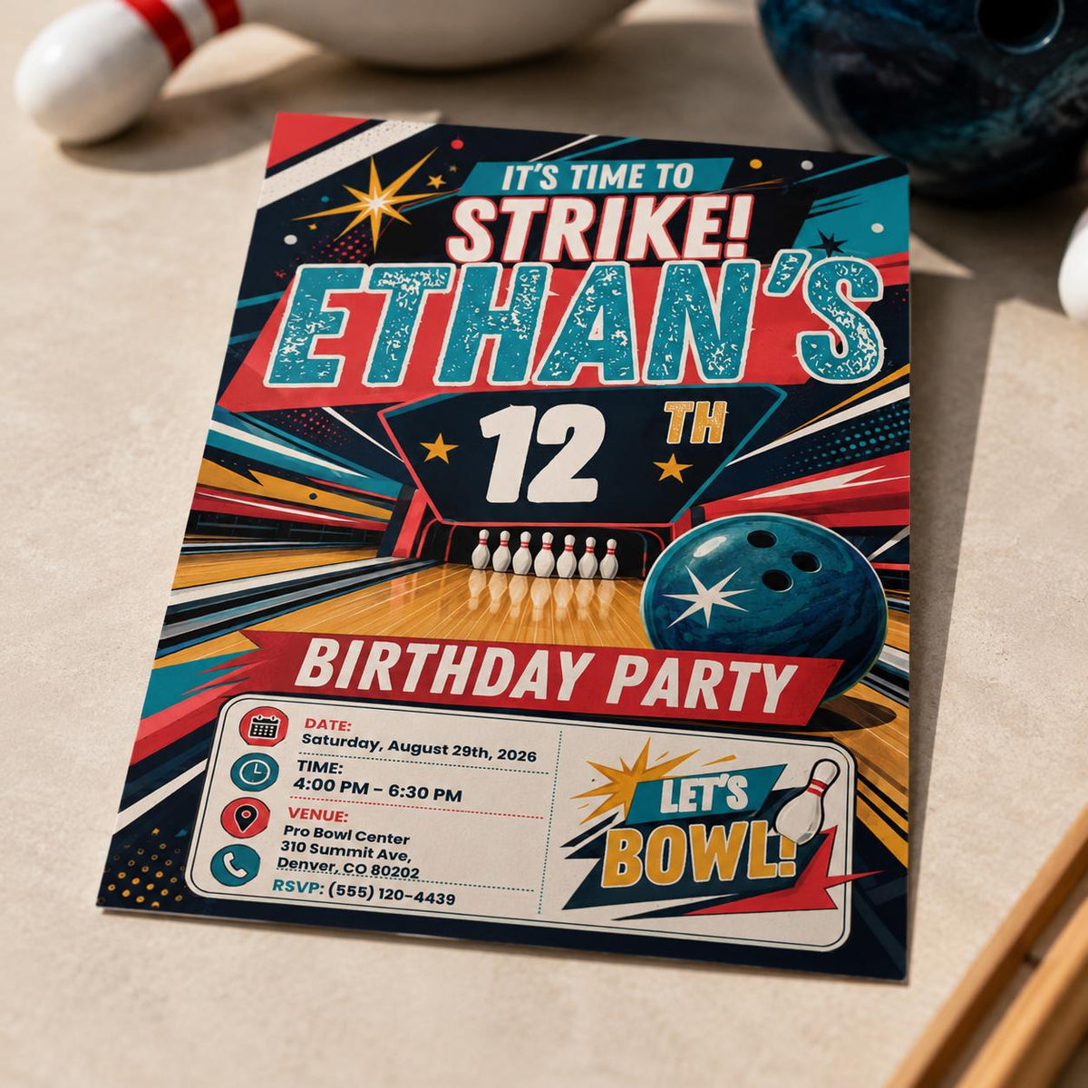 Colorful Comic Book Comic Bowling 12th Birthday Invitation for Boys — 12th birthday party stationery by VoltBy