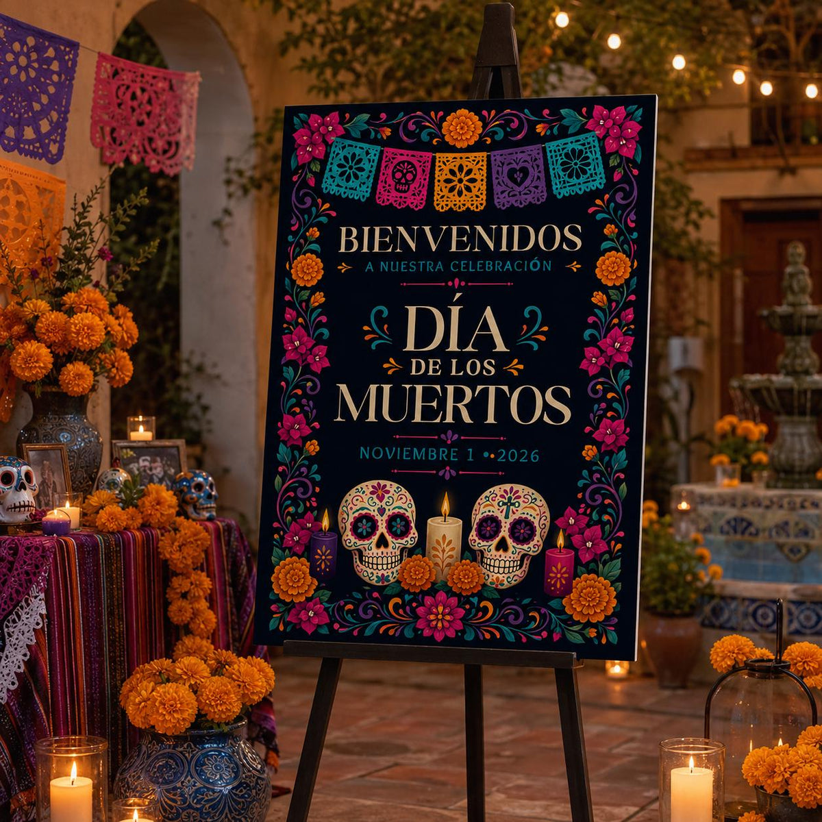 Colorful Dia de los Muertos Welcome Sign — welcome sign you personalize in Canva