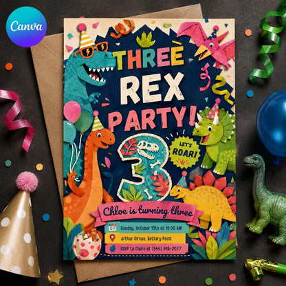 Colorful Dinosaur 3rd Birthday Invitation — editable Canva template