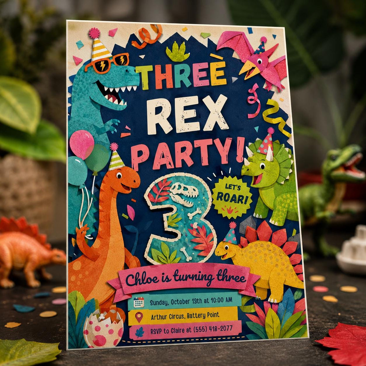 Colorful Dinosaur 3rd Birthday Invitation — invitation you personalize in Canva