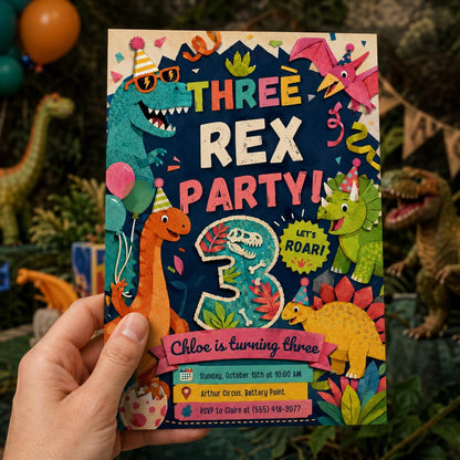 Colorful Dinosaur 3rd Birthday Invitation — print-ready 3rd birthday party design from VoltBy