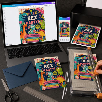 Colorful Dinosaur 3rd Birthday Invitation — digital invitation, instant download