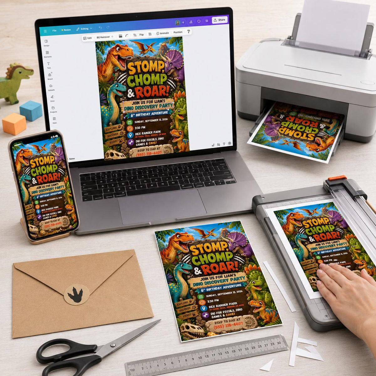Colorful Dinosaur 6th Birthday Invitation — safari design