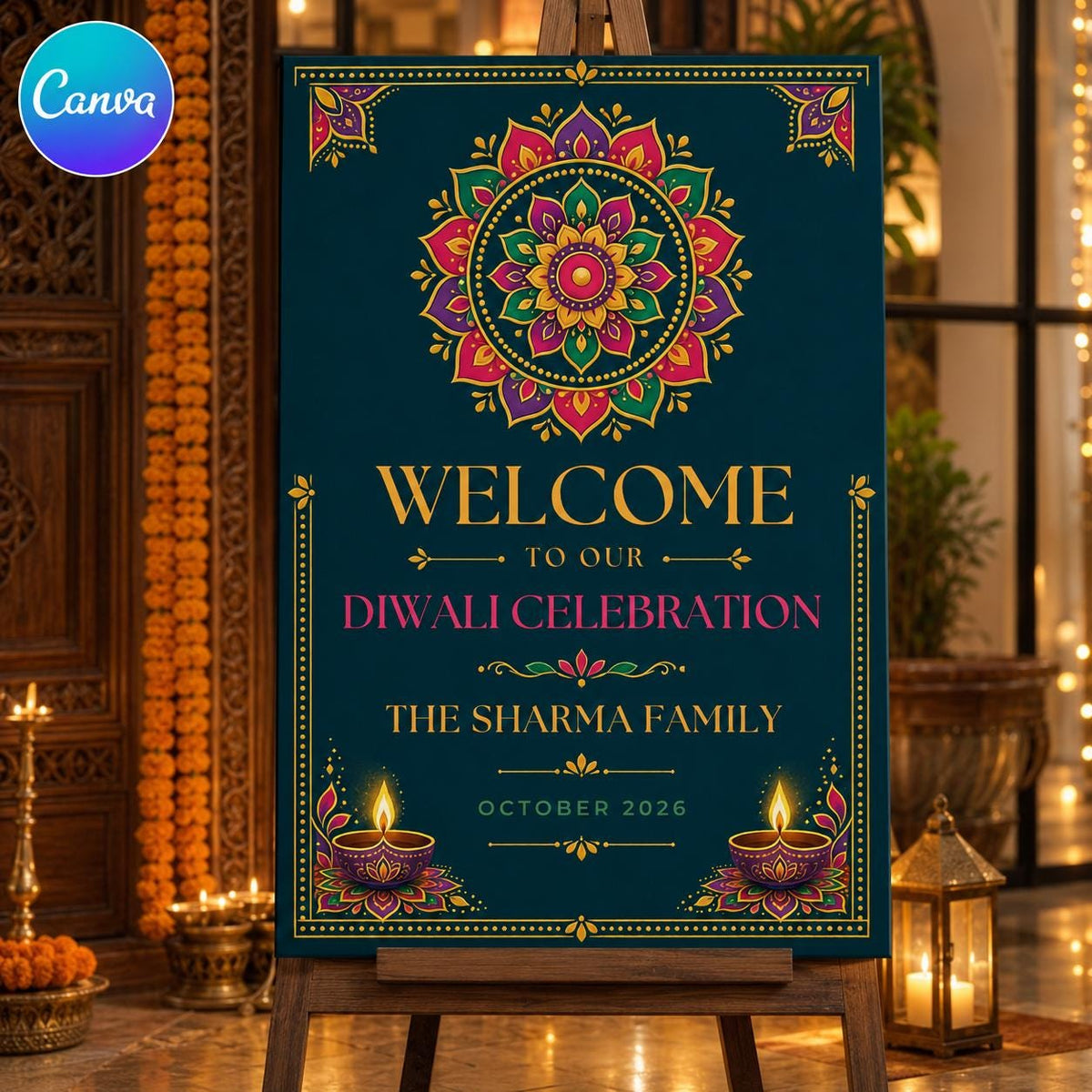 Colorful Diwali Welcome Sign — editable Canva template